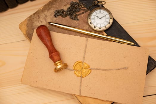 Vintage stamp, envelope and testament. Notary public tools