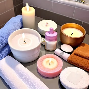 Self-care Ritual. A flat lay composition of pampering essentials such as scented candles, a plush towel, aromatic bath salts, and a skincare mask to convey the importance of self-care and relaxation