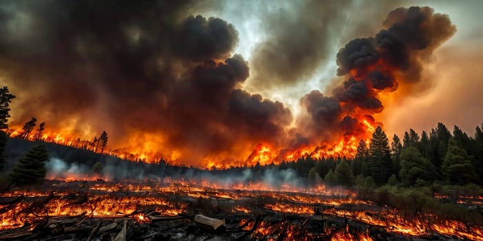 The intensity of a raging wildfire as it engulfs a forest in flames, capturing the spectacle of fiery embers and billowing smoke against a darkened sky. Panorama