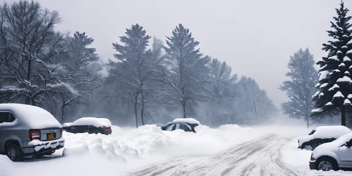 The impact of a severe blizzard with snowdrifts engulfing structures and roads, creating a wintry landscape shrouded in a blanket of white. Panorama
