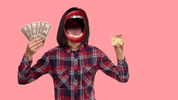 Contemporary art collage. Composition with young woman headed of female mouth showing credit card and dollar cash on pink background