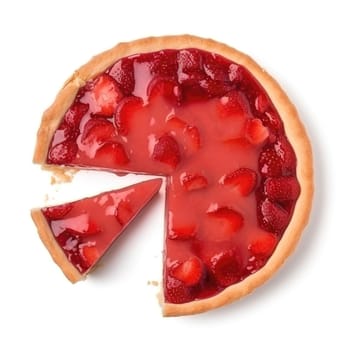 Strawberry pie cut into pieces isolated on a white background, top view , generative AI