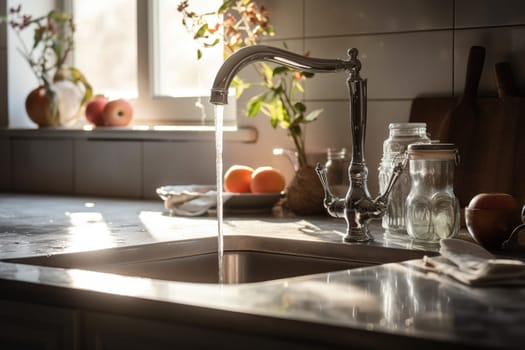 Fresh Morning Scene With Water Flowing From A Kitchen Faucet, Creating A Serene Atmosphere In A Well-Lit Kitchen