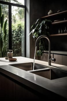 Morning Serenity In The Kitchen, Captured As Water Cascades Smoothly From The Tap, Enveloping The Space In A Calm And Refreshing Ambiance