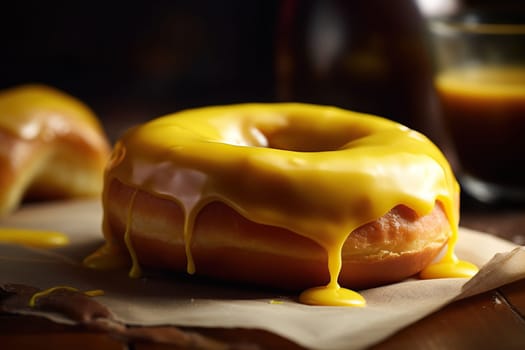 Delicious Sweet Donut With Vanilla Icing On A Table For Breakfast