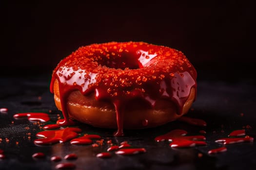 Delicious Sweet Donut With Red Strawberry Icing On A Table For Breakfast