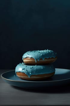 Delicious Sweet Donut With Blue Icing And Topping On A Table
