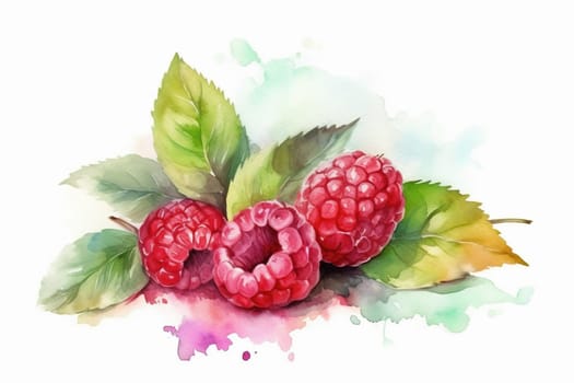 watercolor painting of fresh raspberry berries with leaves on white , generative AI