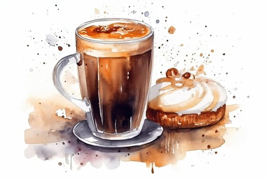 watercolor painting of coffee cappuccino hot drink in a glass cup with a tasty sweets , generative AI
