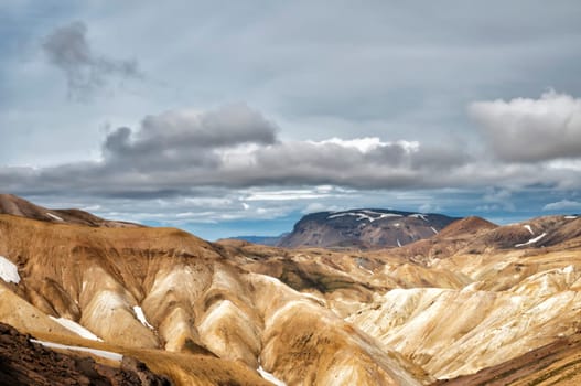 Iceland landmannalaugar region landscape with volcano activity