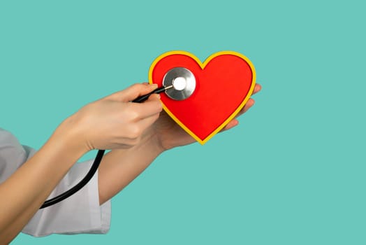 Female doctor with a stethoscope is holding mockup heart. Help and care concept
