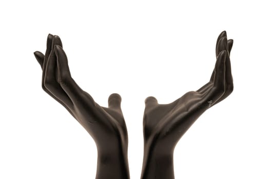 Old shabby mannequin hands on a white background