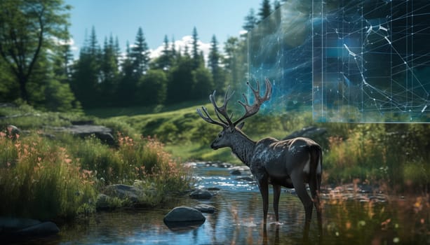 A stunning photograph captures a magnificent deer standing composedly in a flowing stream of water. The serene scene showcases the animals elegance as it navigates the tranquil environment.