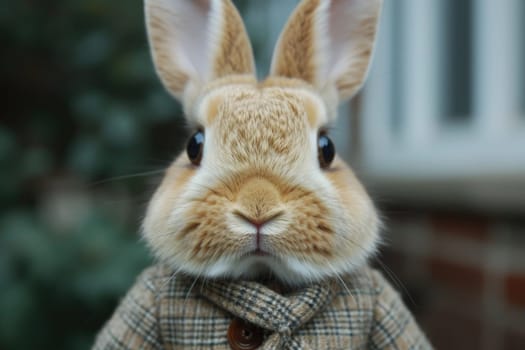 Stylish bunny in warm clothes outdoors.