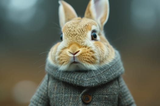 Stylish bunny in warm clothes outdoors.