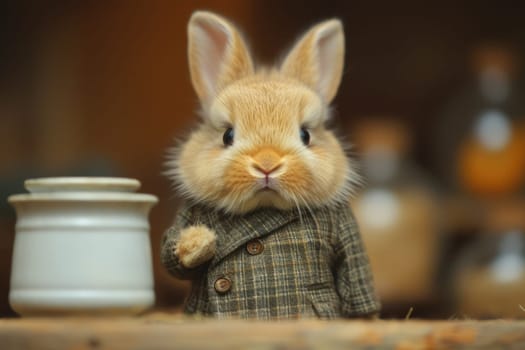 Stylish bunny in warm clothes outdoors.