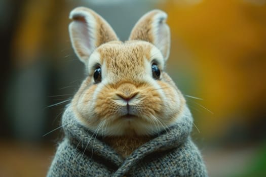 Stylish bunny in warm clothes outdoors.