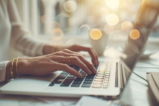 Female hands are typing on a laptop keyboard. Close-up.