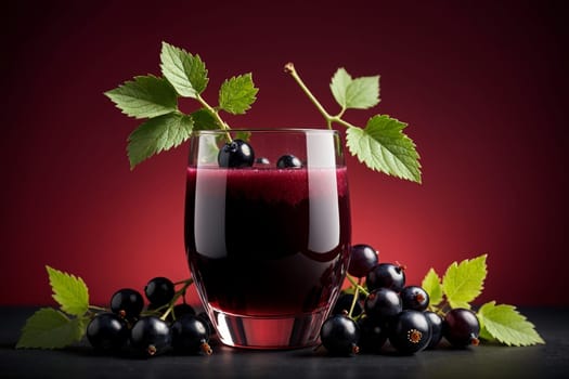 black currant compote in a glass isolated on a red background .