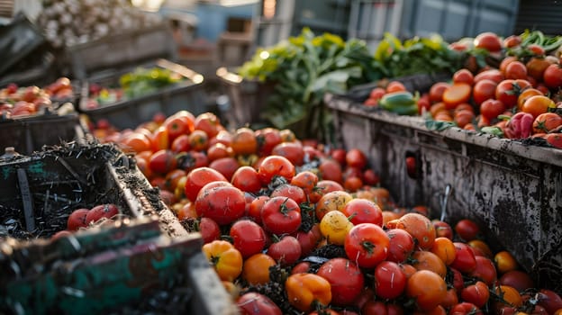 A bunch of tomatoes, a natural and whole food ingredient, are piled up on a table at a local market in the city, showcasing their staple food status as a superfood