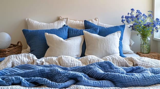 Bed with blue and white pillows and bedspreads. Interior design of a modern bedroom.