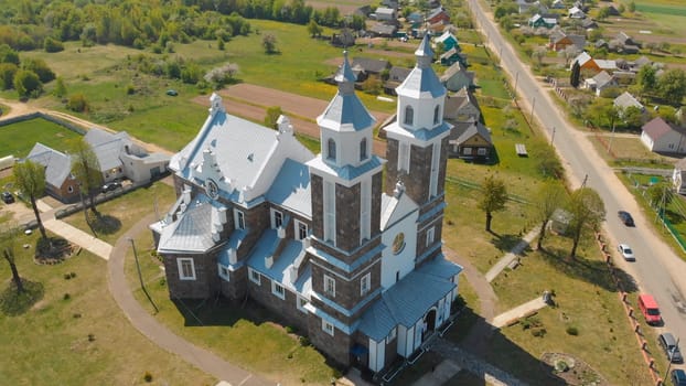 The Catholic Church of Our Lady of Ruzhantsova in the village of Radun. Belarus. Aerial view