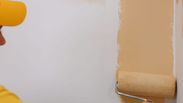 Painting the walls in the house. Builder paints white wall in beige color with a roller.