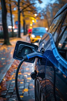 An electric car plugged into a charging station on a busy city street, with buildings in the background. Vertical frame