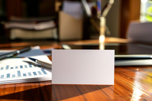 A business card is placed on top of a wooden table, showcasing professional branding and contact details.
