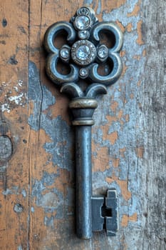 An old designer key with a lock decoration lies on a wooden background.