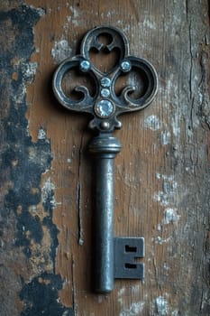 An old designer key with a lock decoration lies on a wooden background.