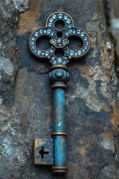 An old designer key with a lock decoration lies on a wooden background.