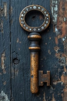 An old designer key with a lock decoration lies on a wooden background.