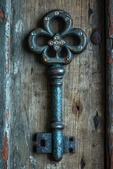 An old designer key with a lock decoration lies on a wooden background.