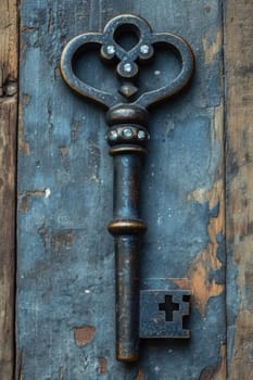 An old designer key with a lock decoration lies on a wooden background.