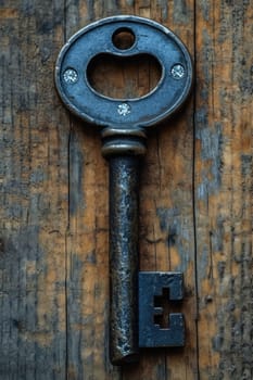 An old designer key with a lock decoration lies on a wooden background.