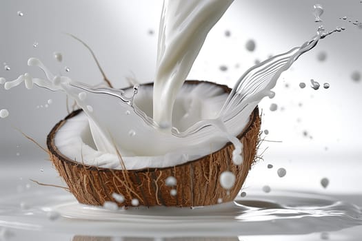 A glass of milk is being poured into a coconut.