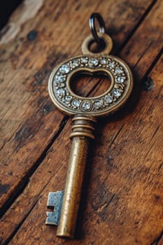 An old designer key with a lock decoration lies on a wooden background.