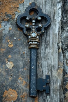 An old designer key with a lock decoration lies on a wooden background.