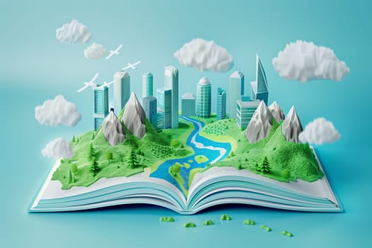 An open book lies with a cityscape bursting out of its pages, depicting urban buildings and architecture on a literary backdrop.