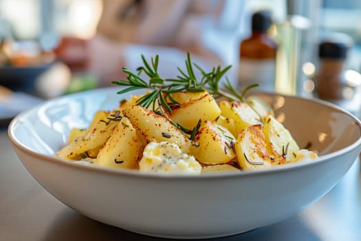 Detail view of a filled bowl of food - potatoes, placed on a wooden table, showing the texture and color of the dish.