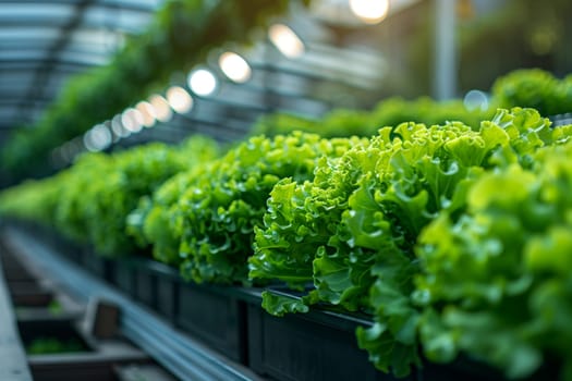 Agricultural scene showing rows of lettuce plants cultivated in a greenhouse.