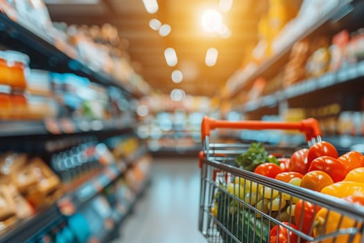 A shopping cart in a grocery store brimming with various fresh fruits and vegetables such as apples, oranges, lettuce, and tomatoes.