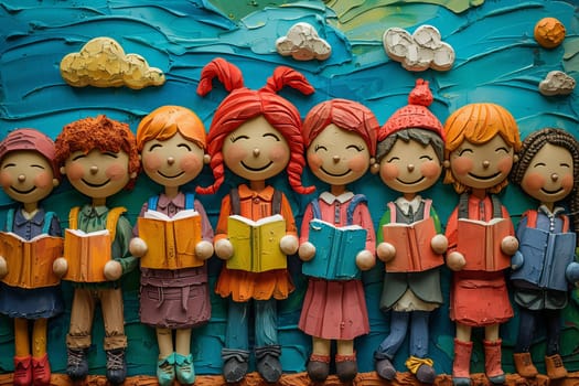 A charming assembly of handmade clay characters with cheerful expressions engrossed in reading various colored books.