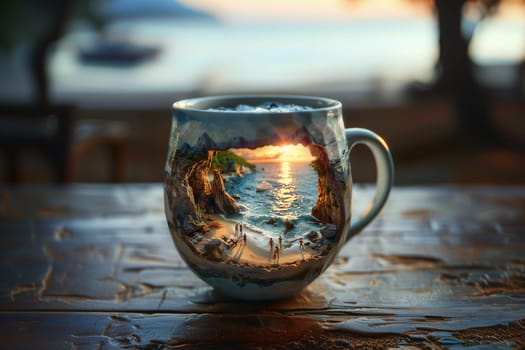 On the table there is a cup, inside of which there is a sea coast with a beach and people having a rest.