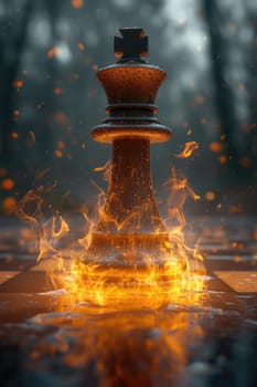 The chess king's piece is on fire in the street.