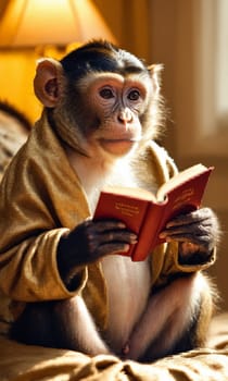 Portrait of a monkey in a coat reading a book at home.