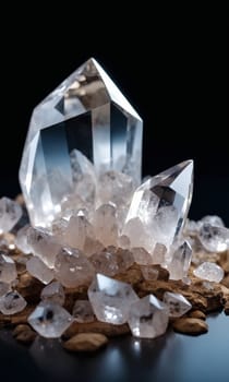 Crystals of crystal quartz on a black background close-up