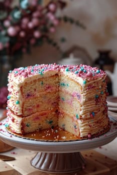 A stylish handmade cake with a cut-out piece stands on the stand of the kitchen table.