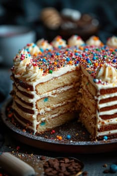 A stylish handmade cake with a cut-out piece stands on the stand of the kitchen table.